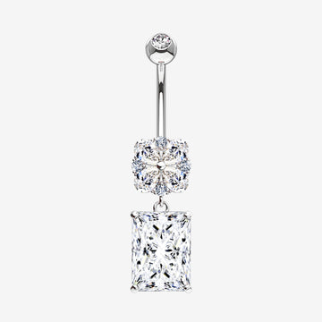 14 Karat White Gold Asscher Cut Sparkle Dangle Multi-Gem Belly Button Ring-Clear Gem